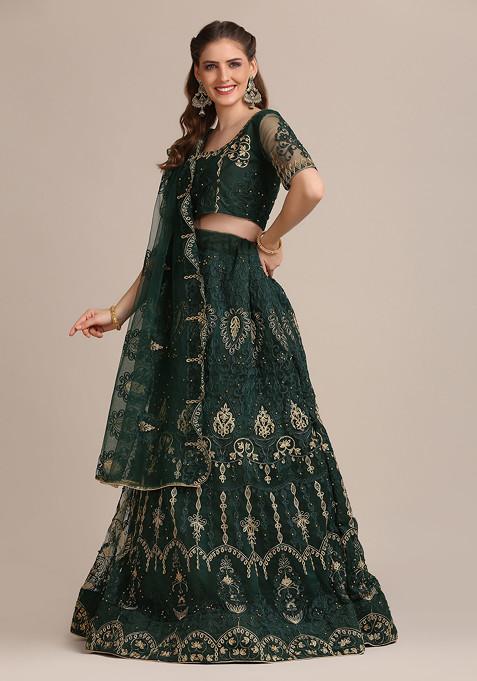 Dark Green Embroidered Heavy Net Lehenga Set