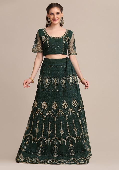 Dark Green Embroidered Heavy Net Lehenga Set