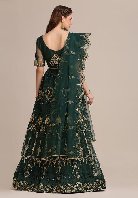 Dark Green Embroidered Heavy Net Lehenga Set