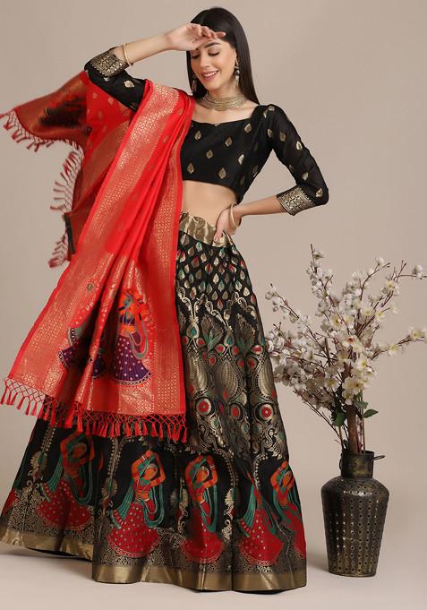 Black Zari Embroidered Jacquard Silk Lehenga Set