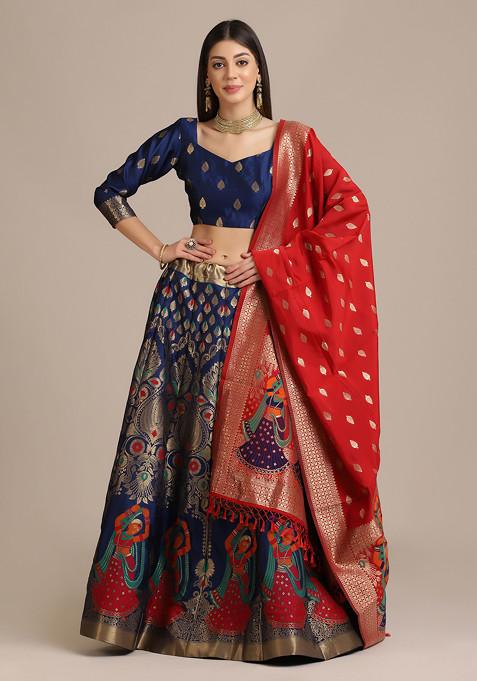 Blue Zari Embroidered Jacquard Silk Lehenga Set