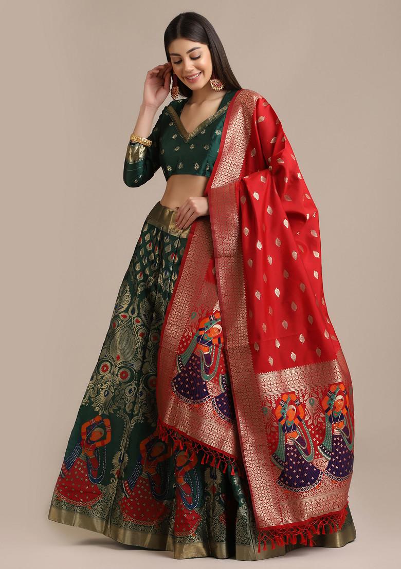 Green Zari Embroidered Jacquard Silk Lehenga Set