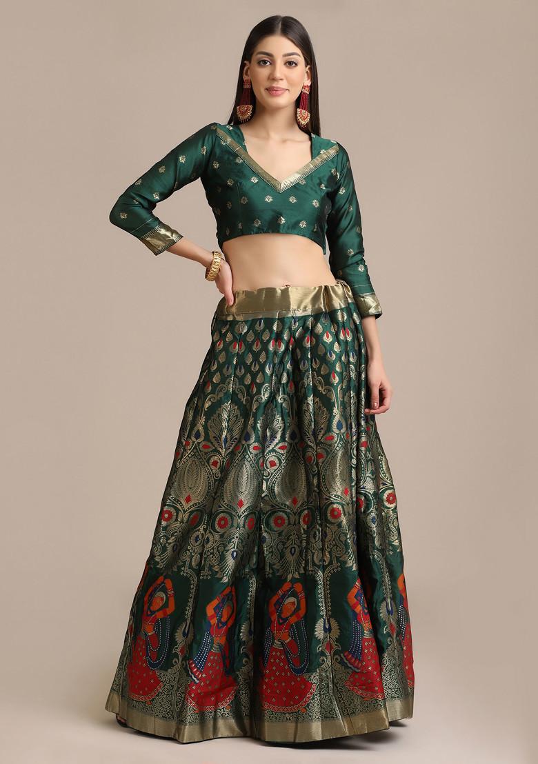 Green Zari Embroidered Jacquard Silk Lehenga Set