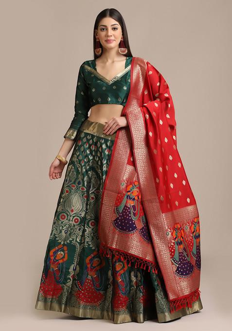 Green Zari Embroidered Jacquard Silk Lehenga Set