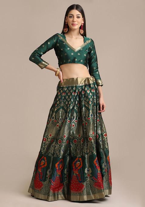 Green Zari Embroidered Jacquard Silk Lehenga Set