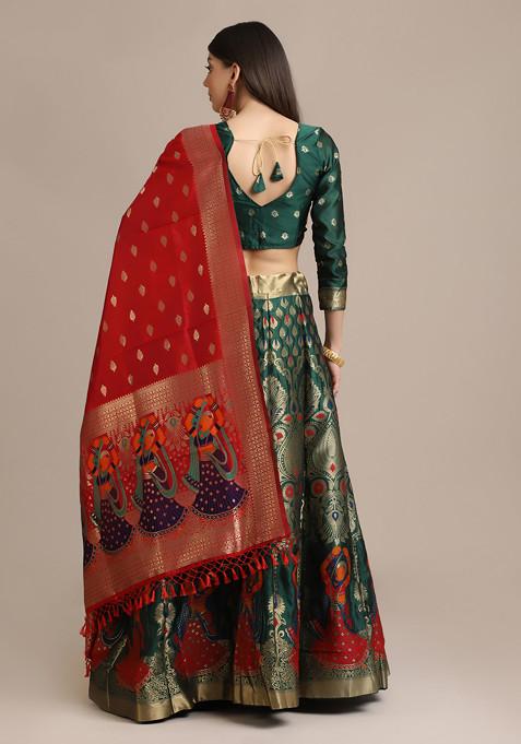 Green Zari Embroidered Jacquard Silk Lehenga Set