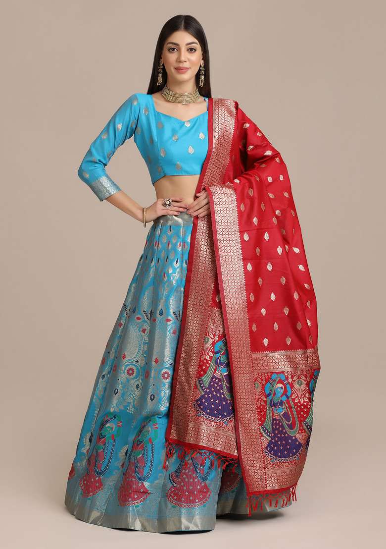 Sky Blue Zari Embroidered Jacquard Silk Blend Lehenga Set for Diwali and Festive Wear - Indya