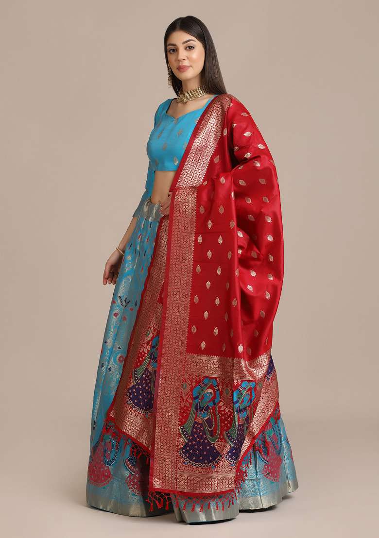 Sky Blue Zari Embroidered Jacquard Silk Blend Lehenga Set for Diwali and Festive Wear - Indya