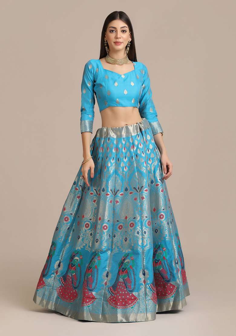 Sky Blue Zari Embroidered Jacquard Silk Blend Lehenga Set for Diwali and Festive Wear - Indya