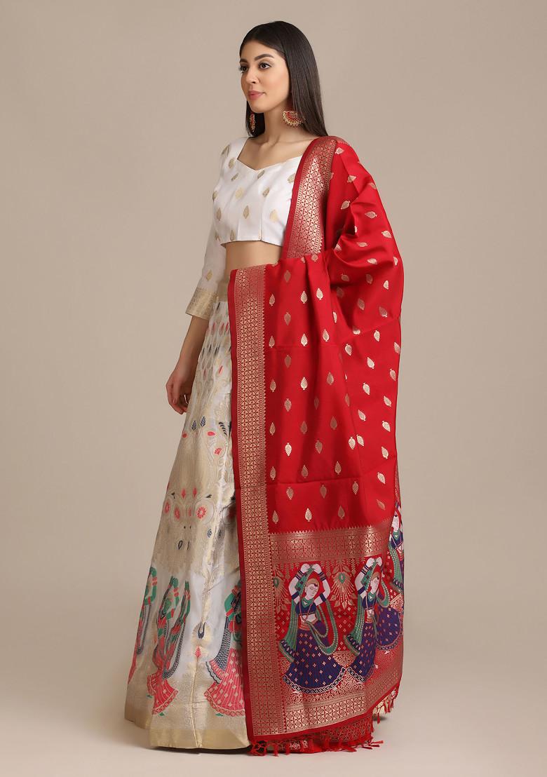 White Zari Embroidered Jacquard Silk Lehenga Set