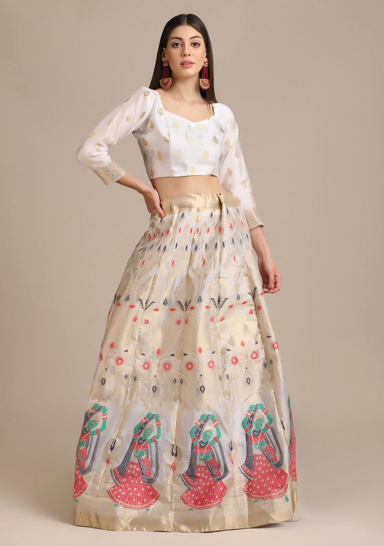 White Zari Embroidered Jacquard Silk Lehenga Set