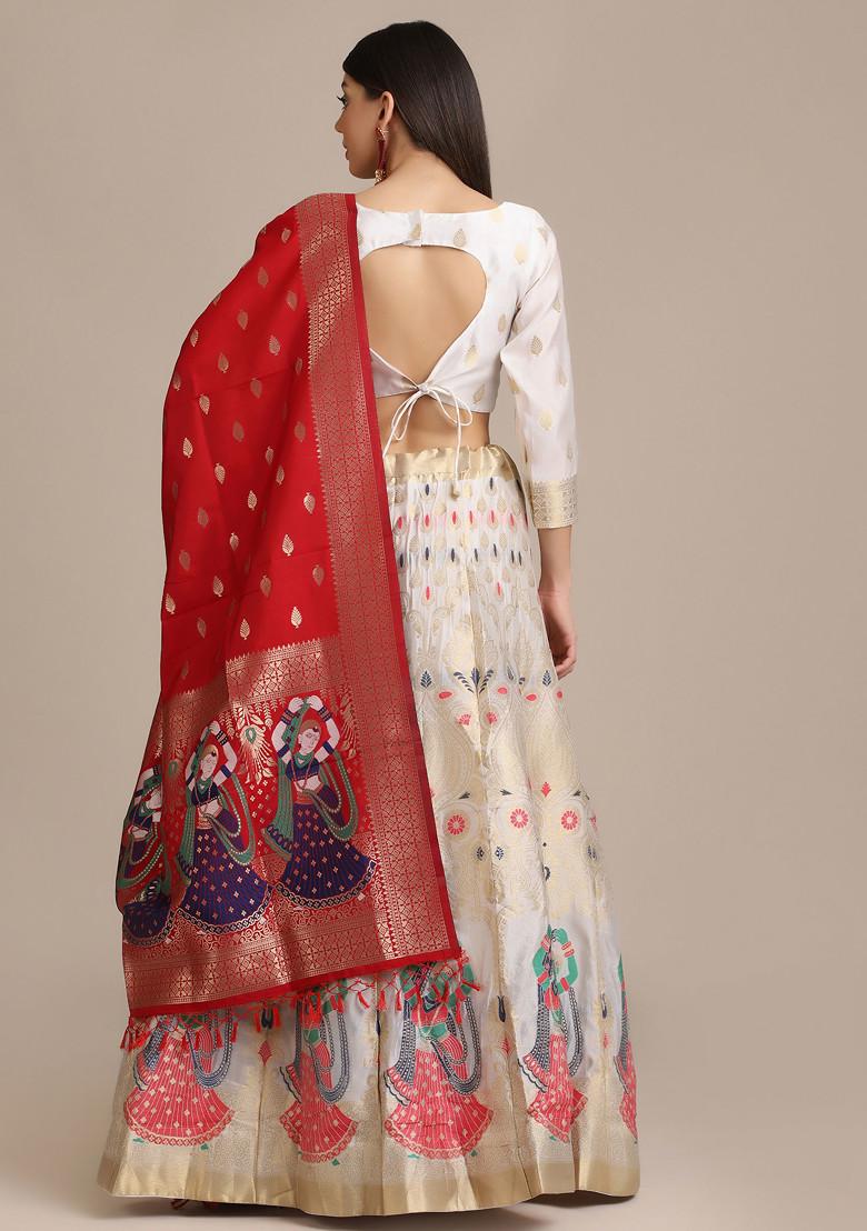 White Zari Embroidered Jacquard Silk Lehenga Set