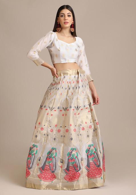 White Zari Embroidered Jacquard Silk Lehenga Set