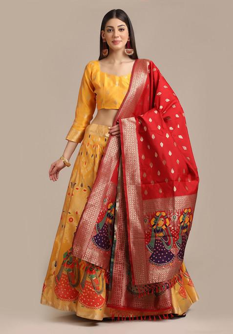 Yellow Zari Embroidered Jacquard Silk Lehenga Set