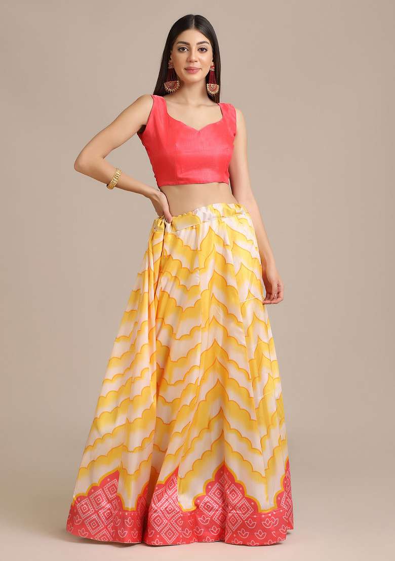 White Printed Satin Silk Blend Lehenga Set for Diwali and Festive Wear - Indya