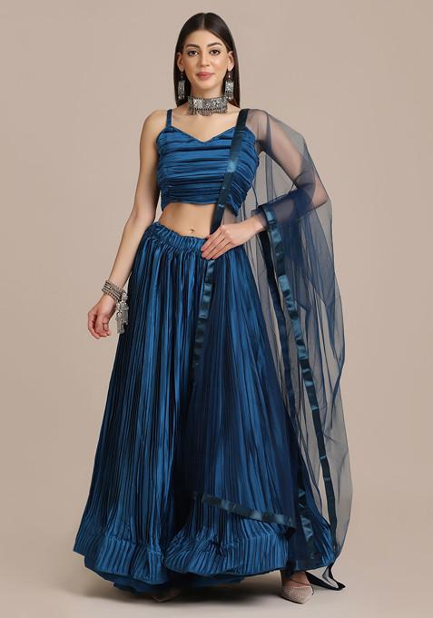 Blue Pleated Satin Silk Lehenga Set