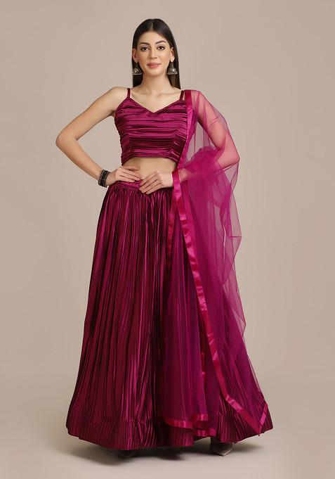 Purple Pleated Satin Silk Lehenga Set