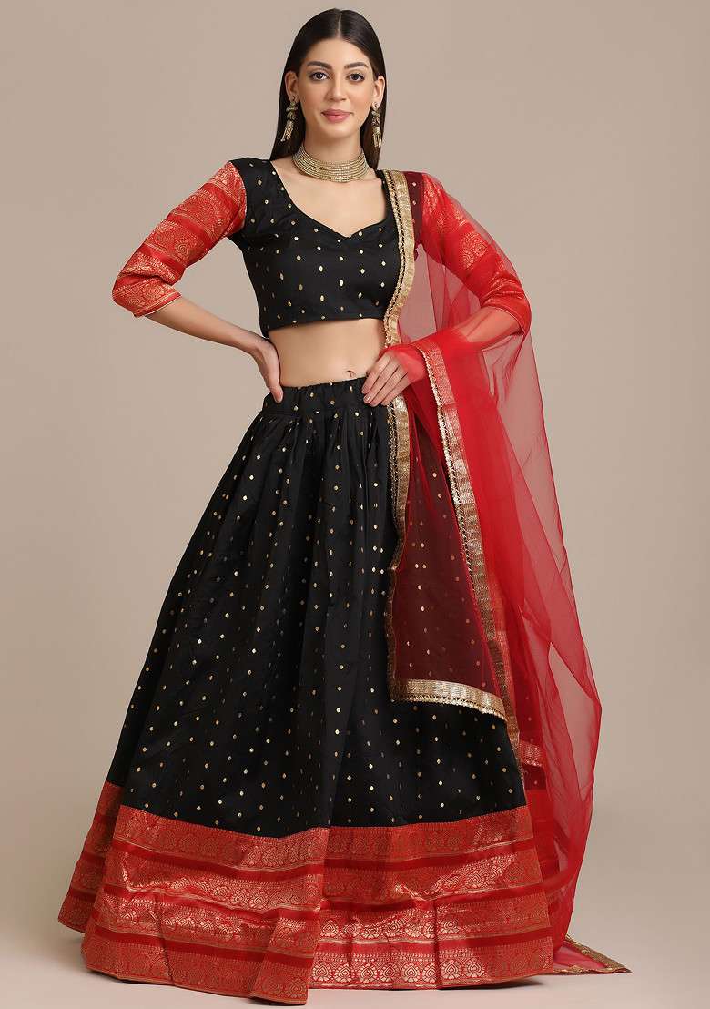 Black Woven Work Jacquard Lehenga Set for Diwali | Wedding & Festive Wear - Indya