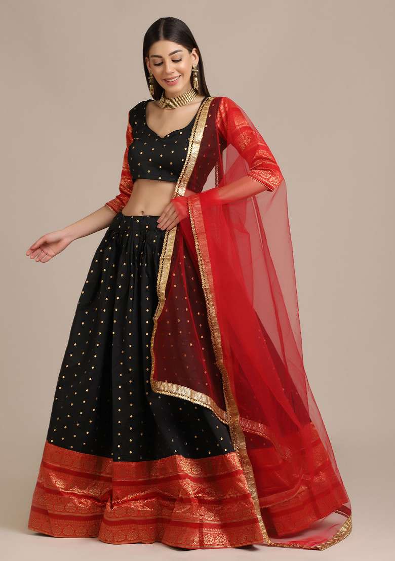 Black Woven Work Jacquard Lehenga Set for Diwali | Wedding & Festive Wear - Indya