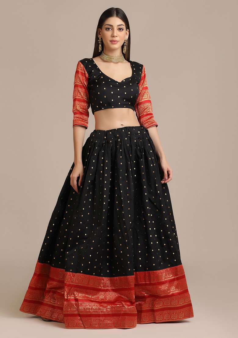 Black Woven Work Jacquard Lehenga Set for Diwali | Wedding & Festive Wear - Indya