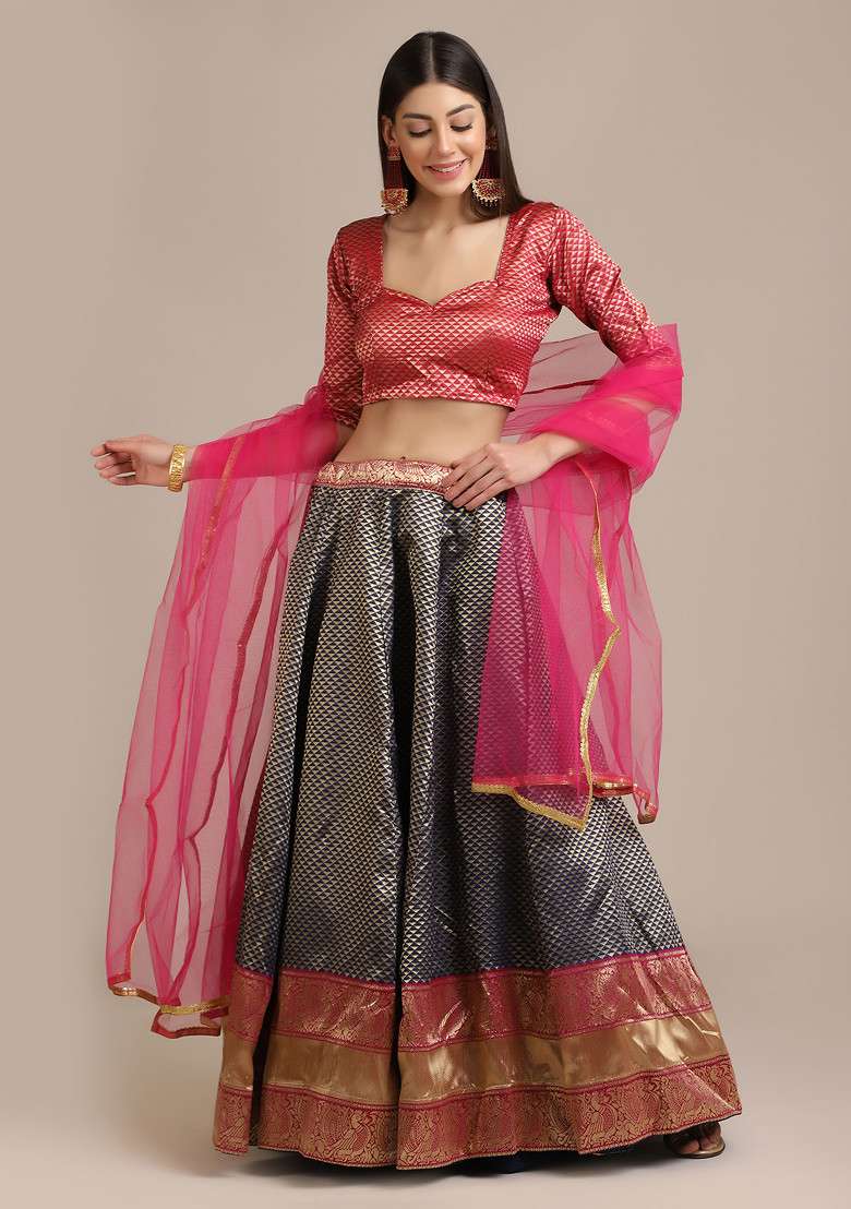 Grey Woven Work Jacquard Lehenga Set for Diwali | Wedding & Festive Wear - Indya