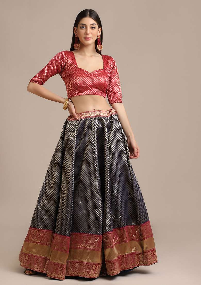 Grey Woven Work Jacquard Lehenga Set for Diwali | Wedding & Festive Wear - Indya