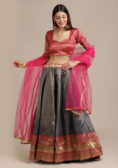 Grey Woven Work Jacquard Lehenga Set