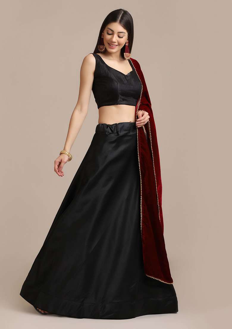 Black Solid Banglory Silk Blend Lehenga Set for Diwali | Wedding & Festive Wear - Indya