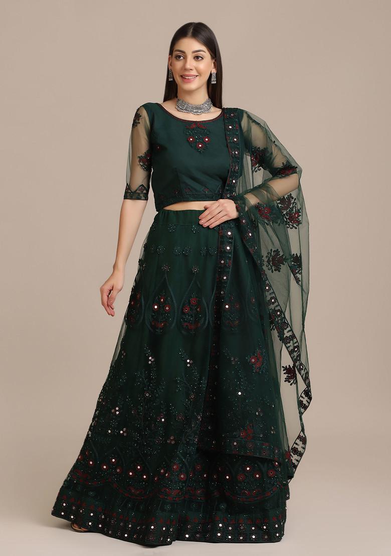 Green Mirror Embroidered Net Lehenga Set