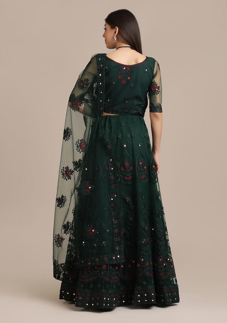 Green Mirror Embroidered Net Lehenga Set