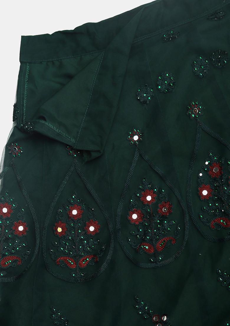 Green Mirror Embroidered Net Lehenga Set