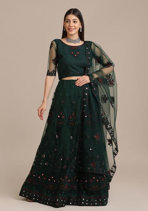 Green Mirror Embroidered Net Lehenga Set