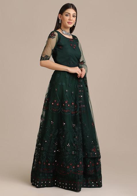 Green Mirror Embroidered Net Lehenga Set