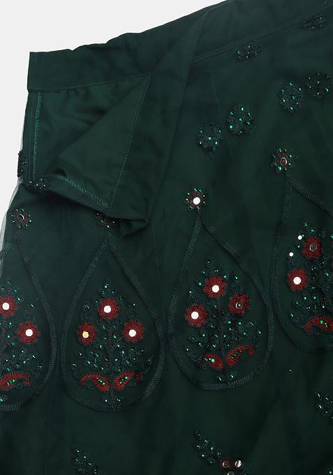 Green Mirror Embroidered Net Lehenga Set