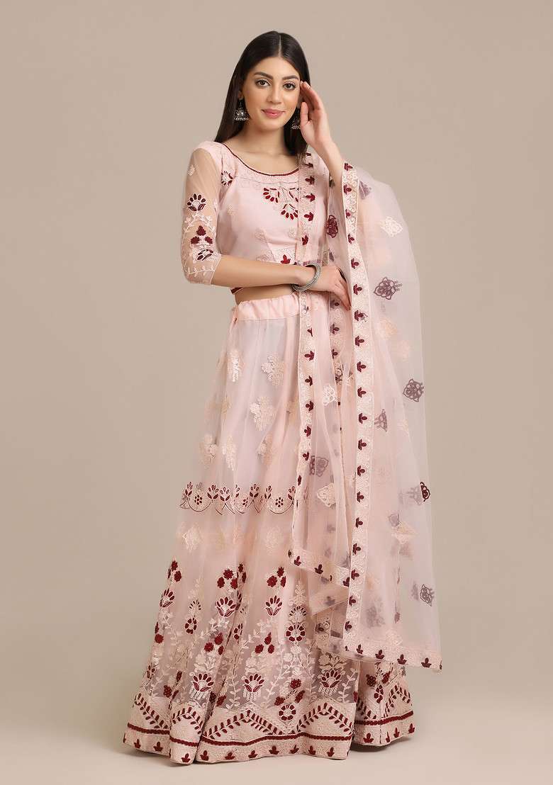 Pink Net Lehenga Set with Embroidered for Diwali | Wedding & Festive Wear - Indya