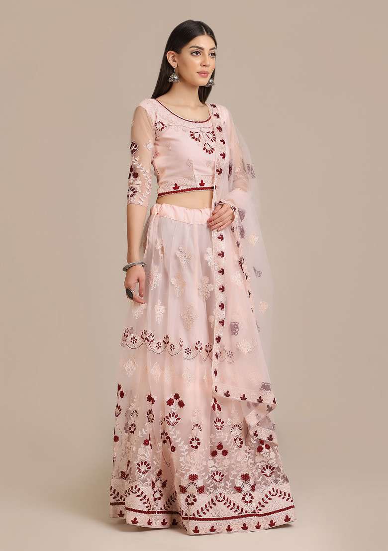 Pink Net Lehenga Set with Embroidered for Diwali | Wedding & Festive Wear - Indya