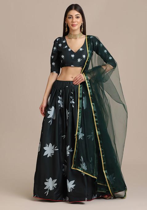 Green Floral Print Net Lehenga Set