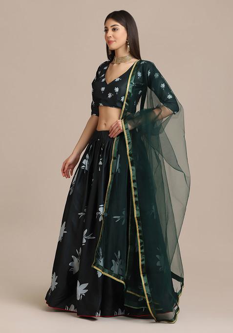 Green Floral Print Net Lehenga Set