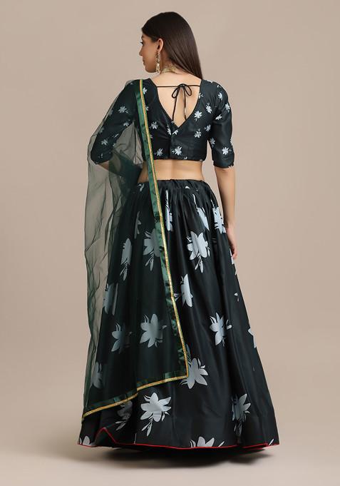 Green Floral Print Net Lehenga Set