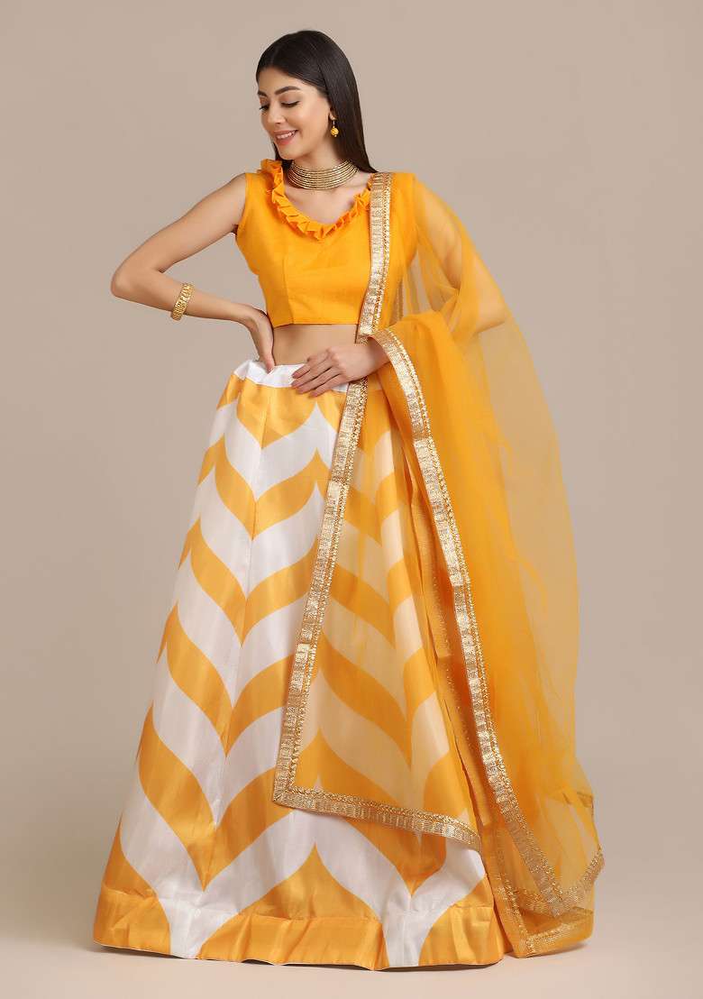 Yellow Banglory Silk Blend Lehenga Set with Printed for Diwali | Wedding & Festive Wear - Indya