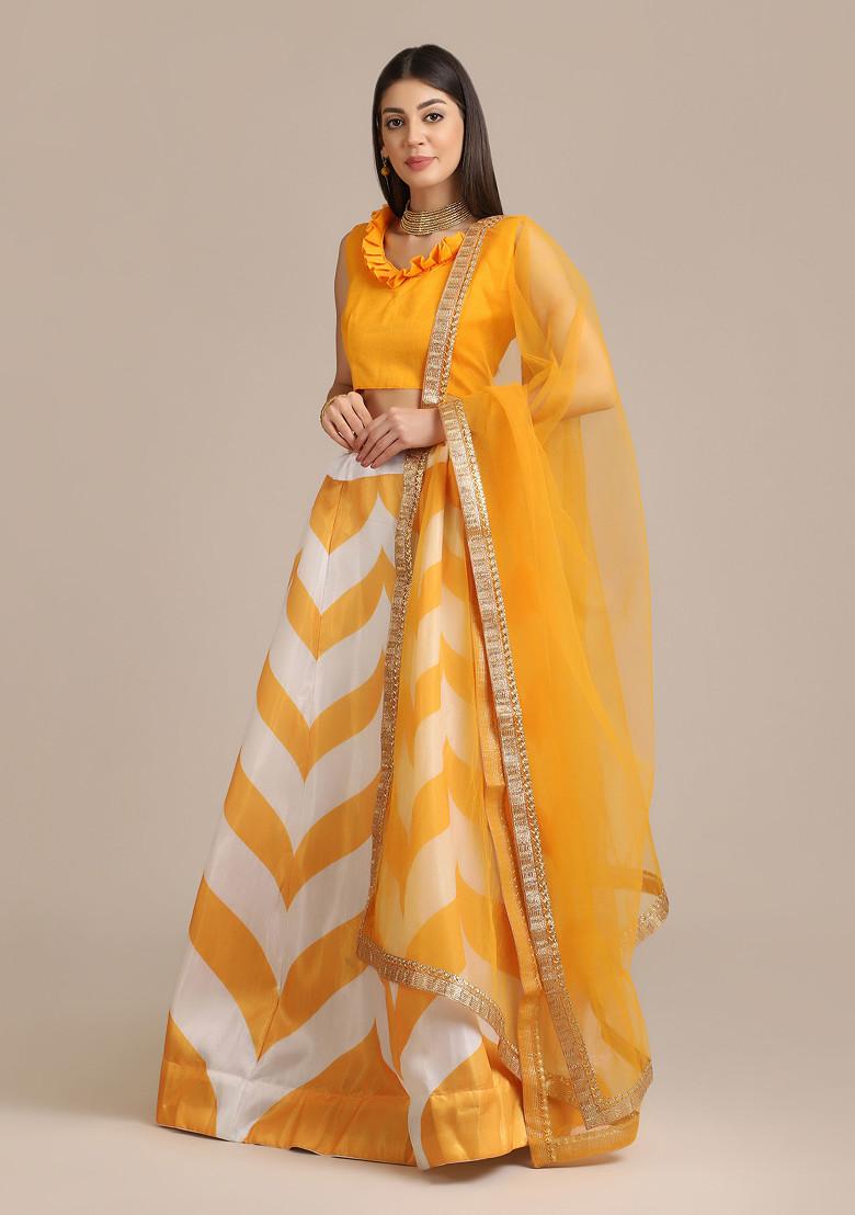 Yellow Printed Banglory Silk Lehenga Set