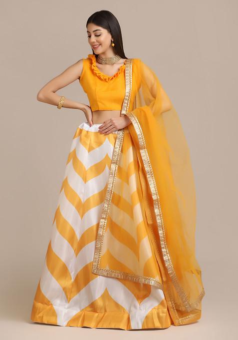 Yellow Printed Banglory Silk Lehenga Set