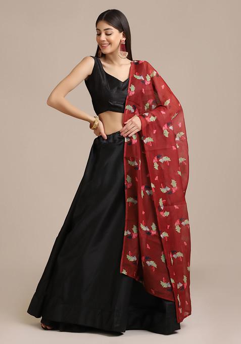 Black Printed Banglory Silk Lehenga Set