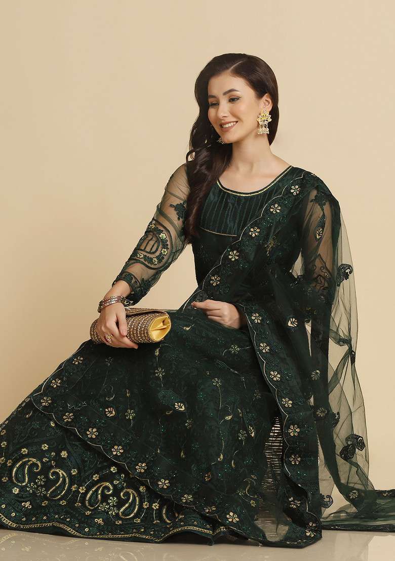 Green Hand Net Lehenga Set with Embroidered for Diwali | Wedding & Festive Wear - Indya