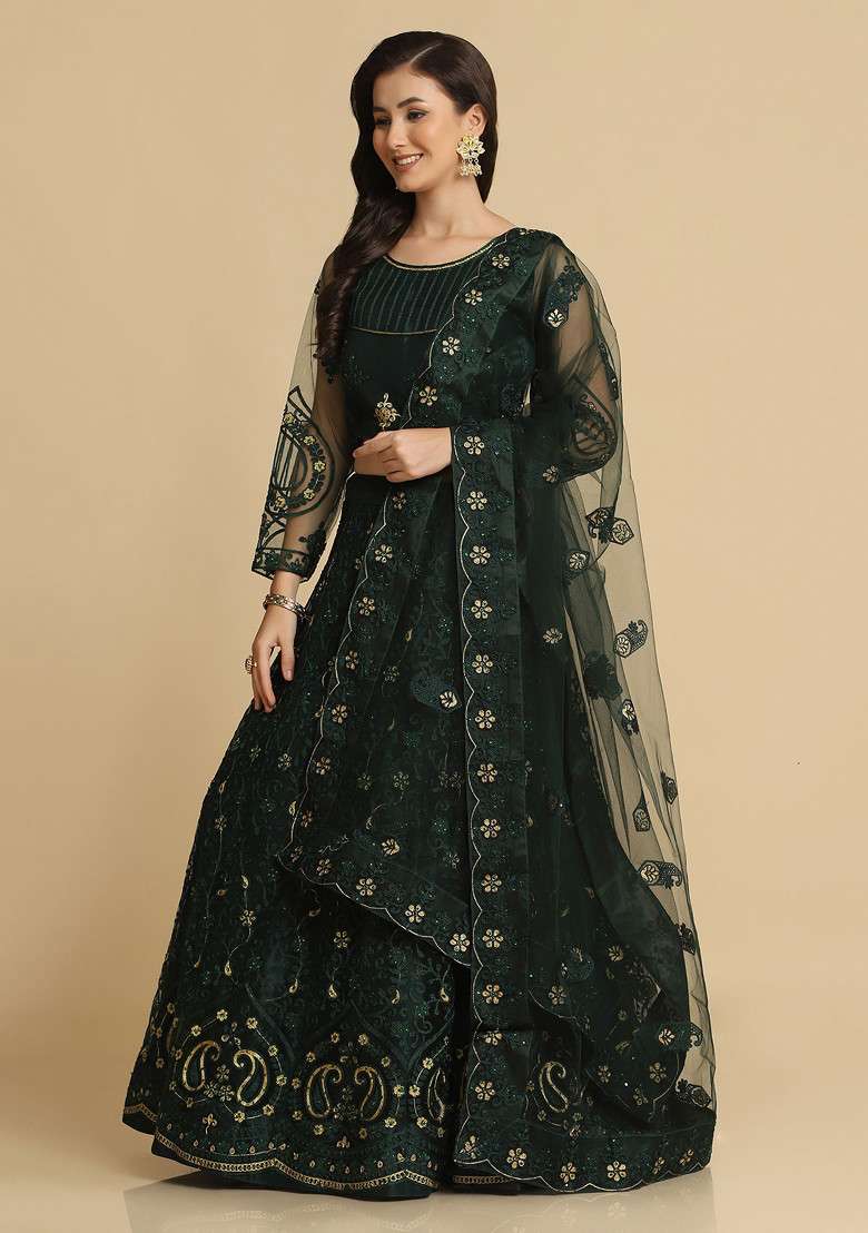 Green Hand Net Lehenga Set with Embroidered for Diwali | Wedding & Festive Wear - Indya