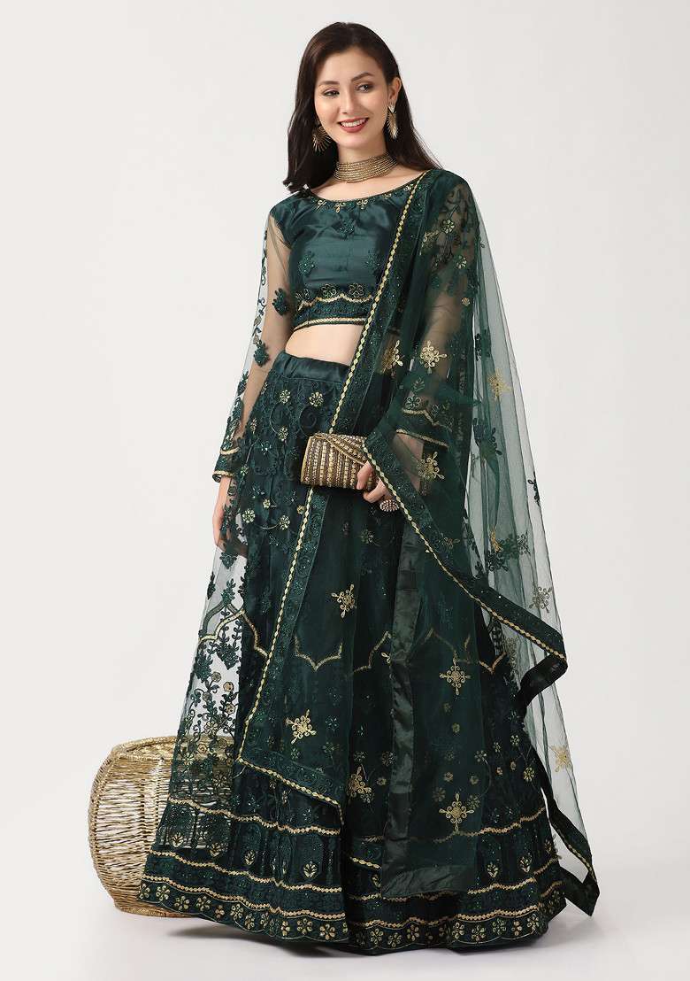 Green Hand Net Lehenga Set with Embroidered for Diwali | Wedding & Festive Wear - Indya