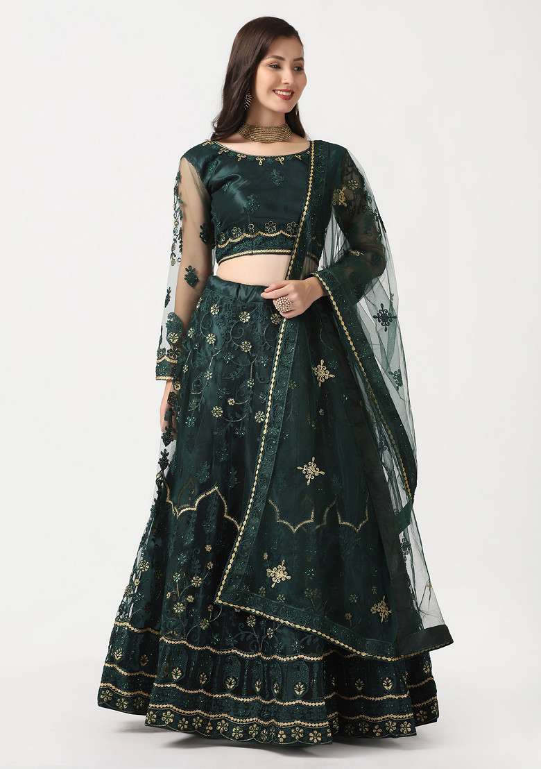 Green Hand Net Lehenga Set with Embroidered for Diwali | Wedding & Festive Wear - Indya