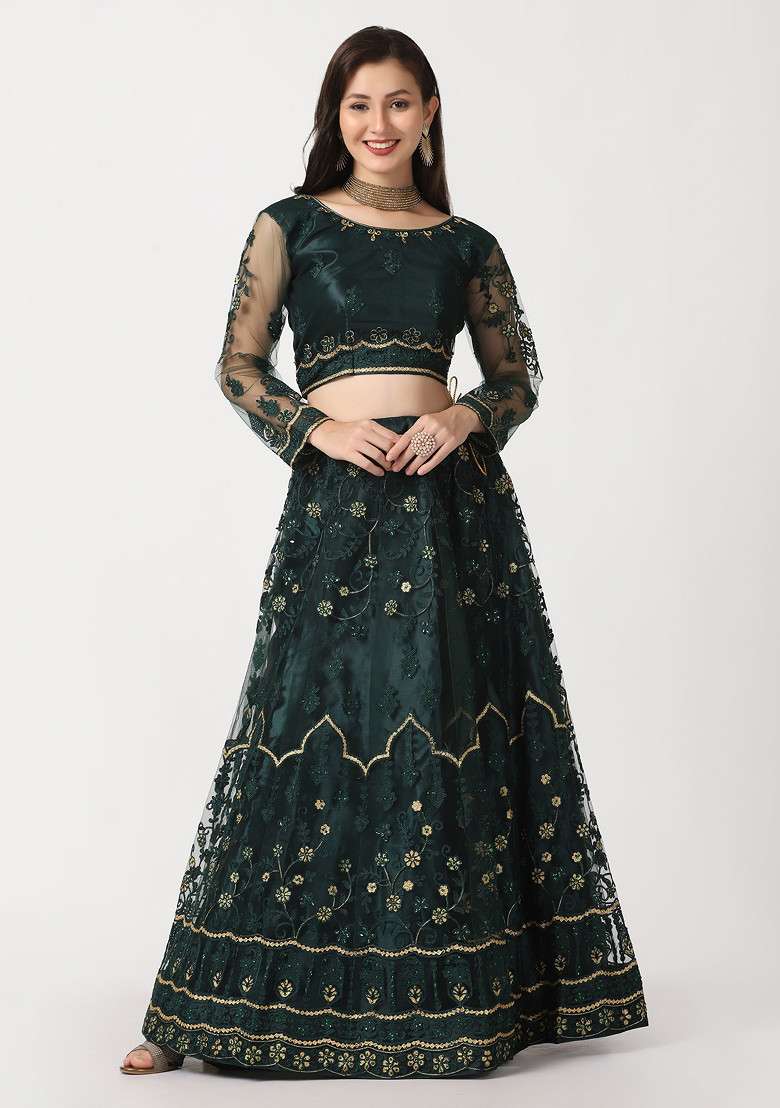Green Hand Net Lehenga Set with Embroidered for Diwali | Wedding & Festive Wear - Indya