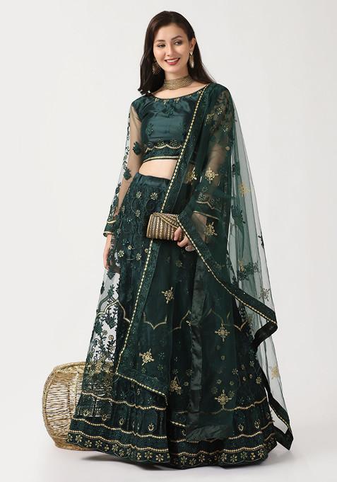 Green Hand Embroidered Net Lehenga Set