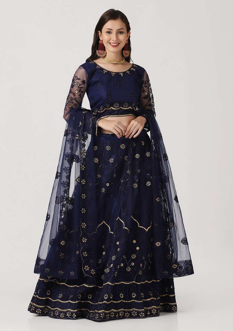 Blue Hand Net Lehenga Set with Embroidered for Diwali | Wedding & Festive Wear - Indya